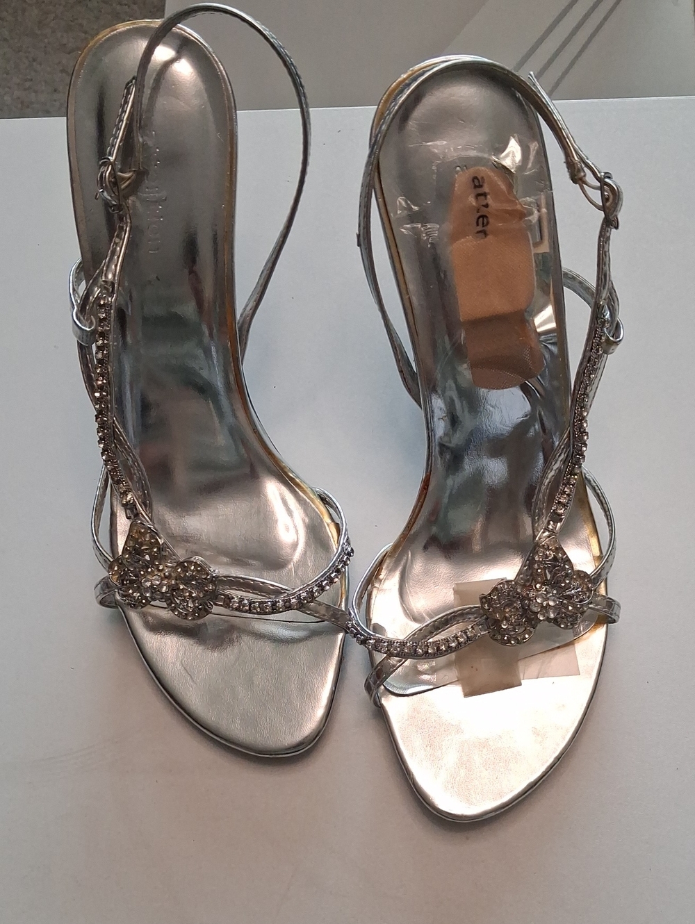 attention Silver Rhinestone Floral Strappy Heels